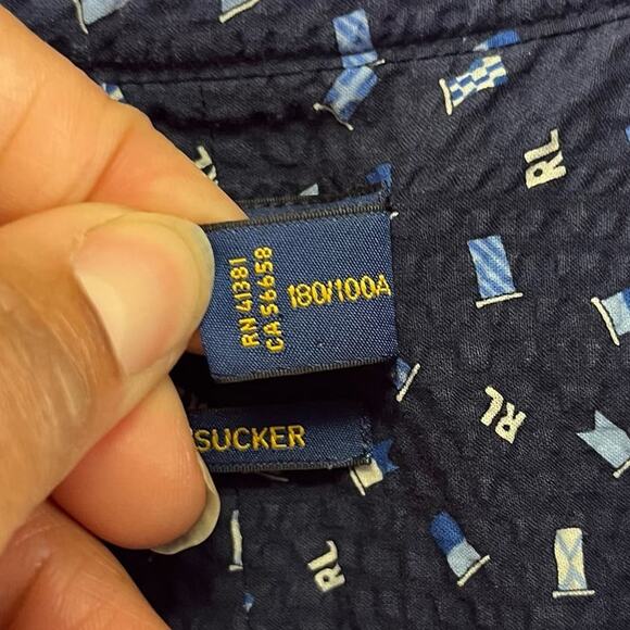 Polo Ralph Lauren Seersucker Casual Button-Down Shirt All Over Print Flags Large - Picture 11 of 12